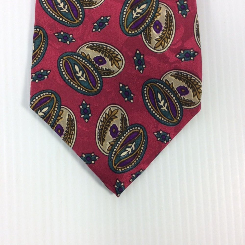 Stonehenge Mens Tie 4 in W x L 56 Silk Burgundy Silver Green Purple Geometric - Picture 2 of 10